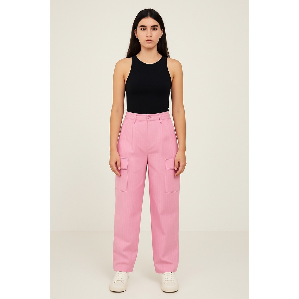 Rivir Pink Pinstripe Cargo Pants High Waisted Tie Ankle Trousers‎ Women's Size S
